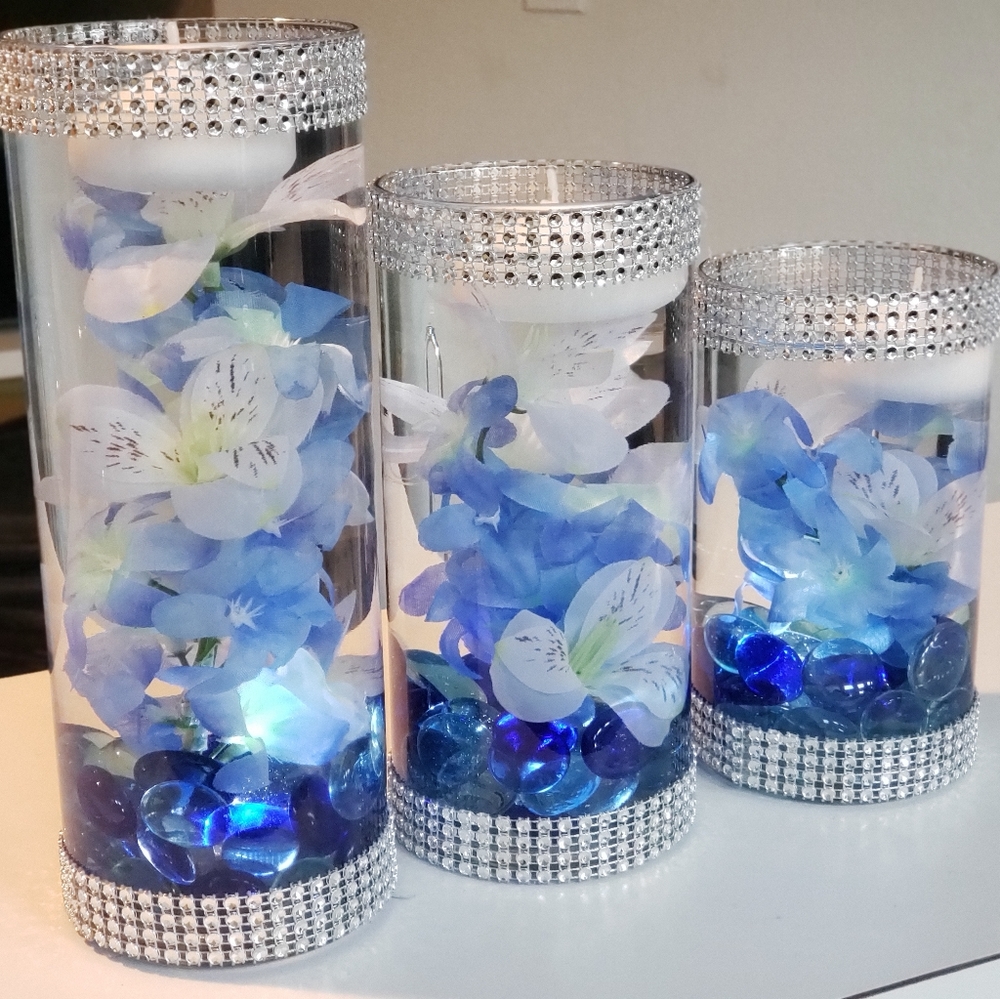 Deep Blue Sea" 3 Piece Floating Candle Vase Set